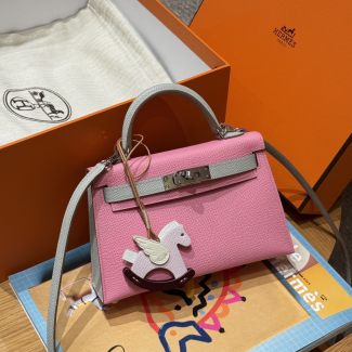 최고퀄 에르메스 올수공 켈리 미니 핑크 & 라이트 그레이 엡송 가죽 은장
