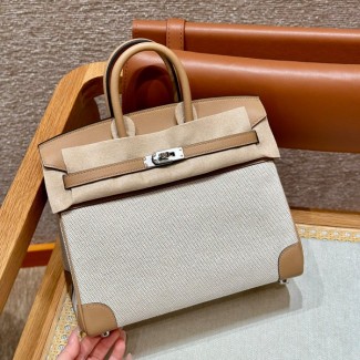 올수공 에르메스 버킨 25 Chai 스위프트 가죽 & 캔버스 실버 하드웨어
