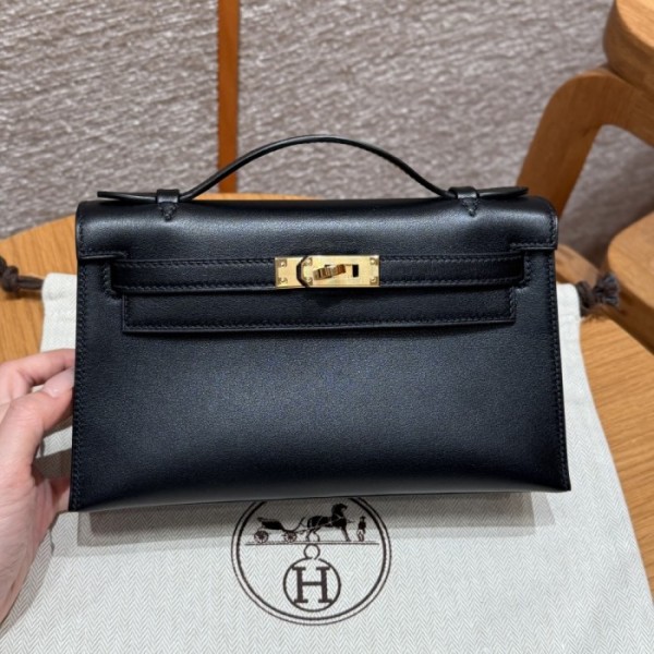 올수공 에르메스 미니 켈리 포쉐트 89/Noir 스위프트 가죽 골드 하드웨어